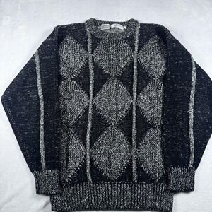 Bugatchi Sweater Mens Large Black Gray Argyle Diamond Knit‎ Crewneck Pullover